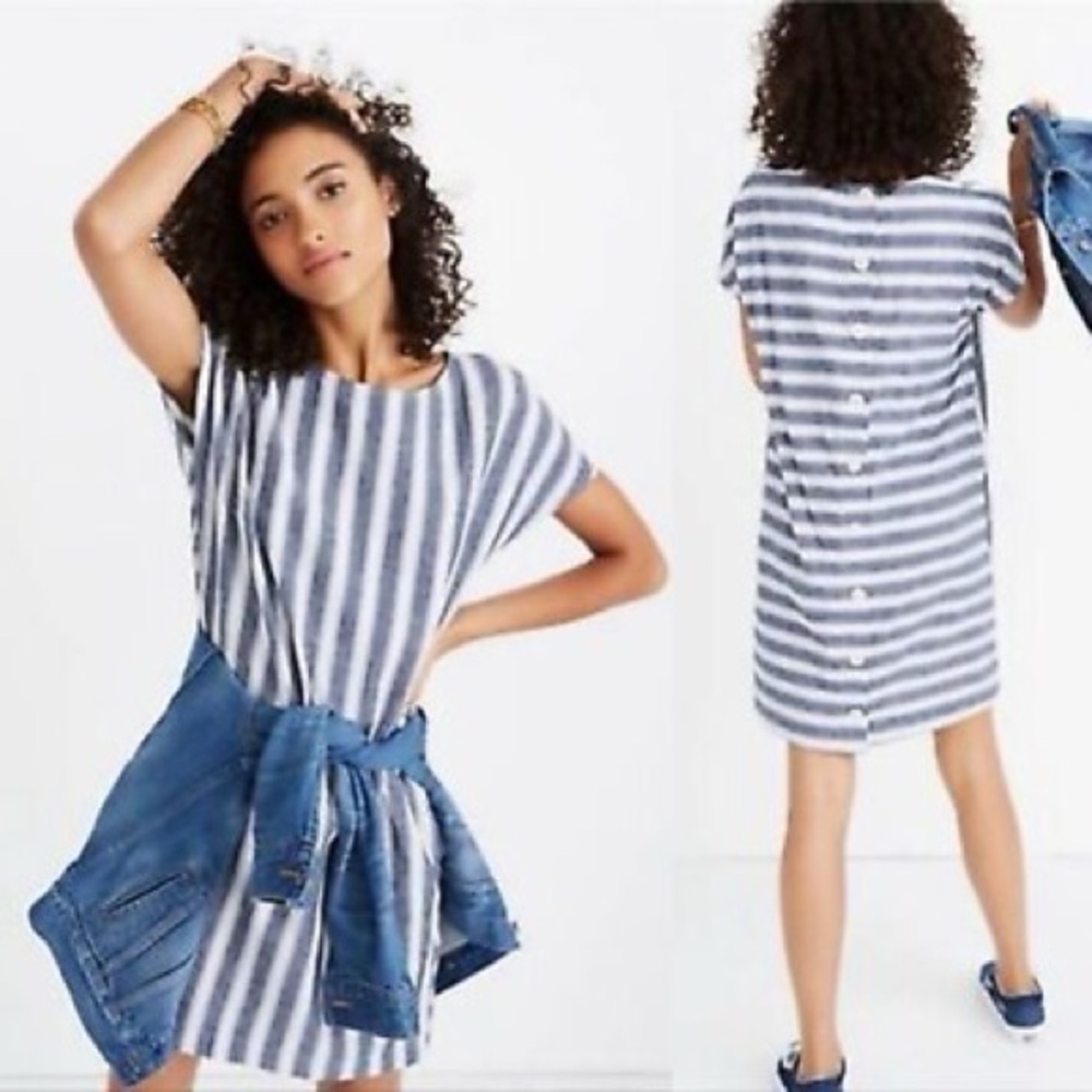 Madewell XS Striped Linen Cotton Button Back Shift Dress Blue White Coastal - Picture 1 of 10